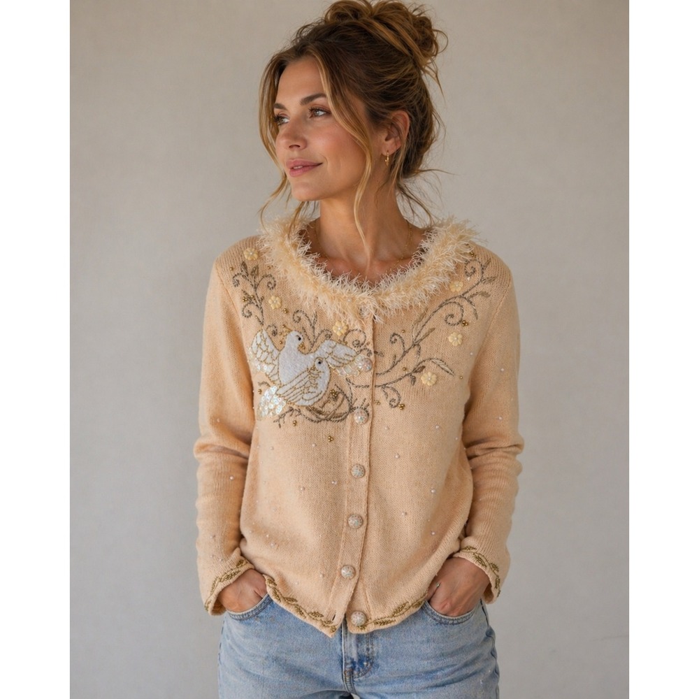 Storybook Knits Holiday Dove Cardigan Size S Vtg Novelty Grandmacore Kidcore